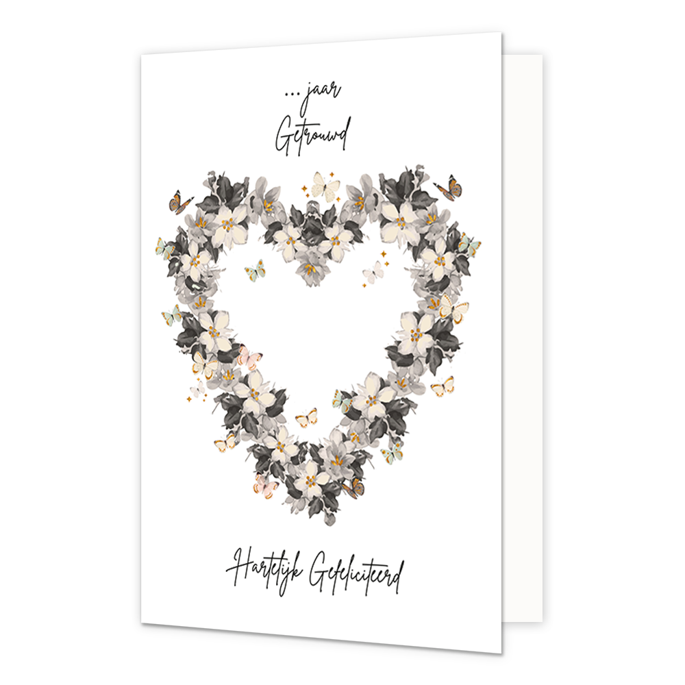 Jaar getrouwd gefeliciteerd - Formaat: Normaal - Vorm: Staand - Huwelijkskaart - Op deze wenskaart staat een hartje gemaakt van bloemen en omringt door vlinders. In de illustratie staan de teksten: "... jaar getrouwd" en "Hartelijk gefeliciteerd". - Snelwenskaart