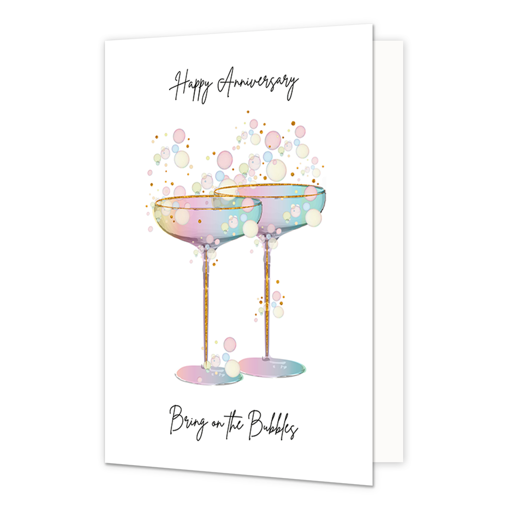 Happy anniversary - Formaat: Normaal - Vorm: Staand - Huwelijkskaart - Op deze wenskaart staan champagneglazen waar bubbels vanuit komen in de kleuren roze, geel en blauw. In de illustratie staan de teksten: "Happy Aniversary" en "Bring on the bubbles". - Snelwenskaart