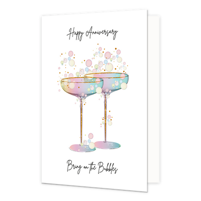 Happy anniversary - Formaat: Normaal - Vorm: Staand - Huwelijkskaart - Op deze wenskaart staan champagneglazen waar bubbels vanuit komen in de kleuren roze, geel en blauw. In de illustratie staan de teksten: "Happy Aniversary" en "Bring on the bubbles". - Snelwenskaart