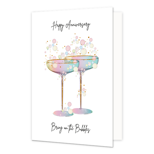 Happy anniversary - Formaat: Normaal - Vorm: Staand - Huwelijkskaart - Op deze wenskaart staan champagneglazen waar bubbels vanuit komen in de kleuren roze, geel en blauw. In de illustratie staan de teksten: "Happy Aniversary" en "Bring on the bubbles". - Snelwenskaart