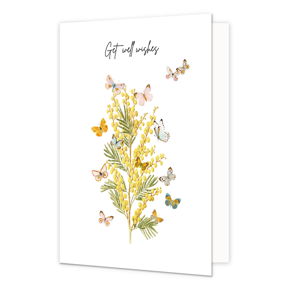 Get well wishes - Formaat: Standaard - Vorm: Staand - Beterschapskaart - Op deze wenskaart staan vlinders die rondom een gele bloem vliegen. Boven de illustratie staat de tekst: "Get well wishes". - Snelwenskaart