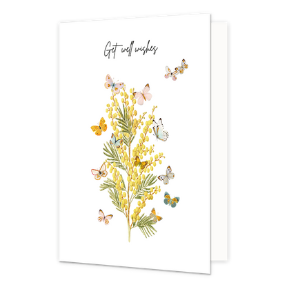 Get well wishes - Formaat: Standaard - Vorm: Staand - Beterschapskaart - Op deze wenskaart staan vlinders die rondom een gele bloem vliegen. Boven de illustratie staat de tekst: "Get well wishes". - Snelwenskaart