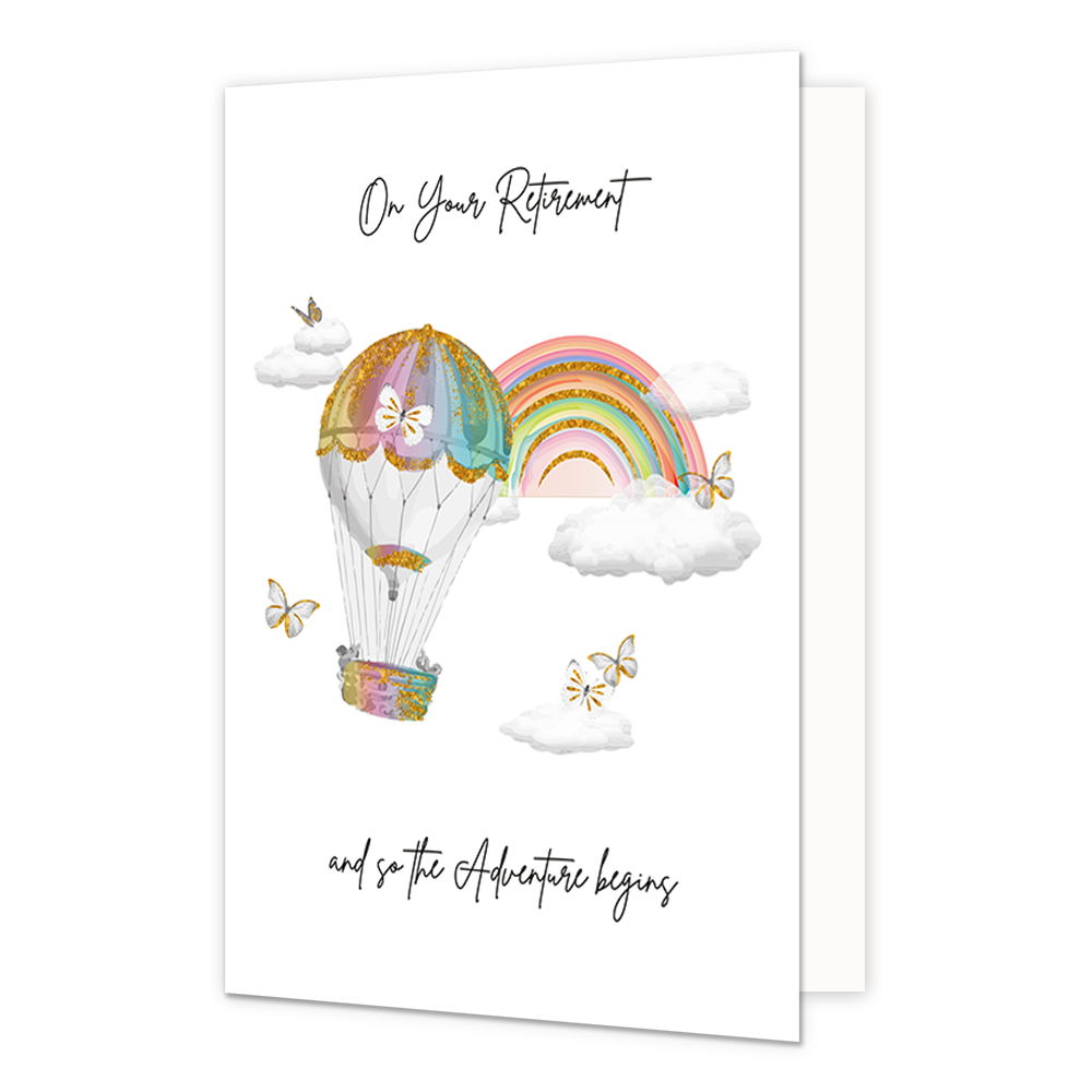 On your retirement - Formaat: Normaal - Vorm: Staand - Pensioenkaart - Op deze wenskaart staat een luchtballon die naar een regenboog vliegt met wolken en vlinders erom heen. In de illustratie staan de teksten: "On your retirement" en "and so the adventure begins". - Snelwenskaart