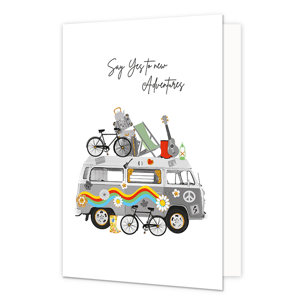 Say yes to new adventures - Formaat: Normaal - Vorm: Staand - Succes kaart - Op deze wenskaart staat een volkswagenbusje beladen met koffers, fietsen, een gitaar, laarzen en een strandstoel. Boven de illustratie staat de tekst: "Say yes to new adventures". - Snelwenskaart