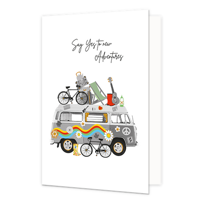 Say yes to new adventures - Formaat: Normaal - Vorm: Staand - Succes kaart - Op deze wenskaart staat een volkswagenbusje beladen met koffers, fietsen, een gitaar, laarzen en een strandstoel. Boven de illustratie staat de tekst: "Say yes to new adventures". - Snelwenskaart