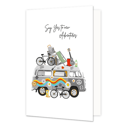 Say yes to new adventures - Formaat: Normaal - Vorm: Staand - Succes kaart - Op deze wenskaart staat een volkswagenbusje beladen met koffers, fietsen, een gitaar, laarzen en een strandstoel. Boven de illustratie staat de tekst: "Say yes to new adventures". - Snelwenskaart