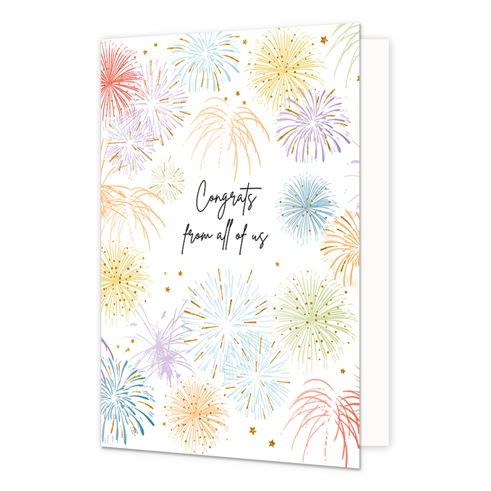 Congrats from all of us - Formaat: Normaal - Vorm: Staand - Felicitatiekaart - Op deze wenskaart staat vuurwerk in de kleuren rood, paars, geel, oranje, blauw en groen met in het midden de tekst: "Congrats from all of us". - Snelwenskaart