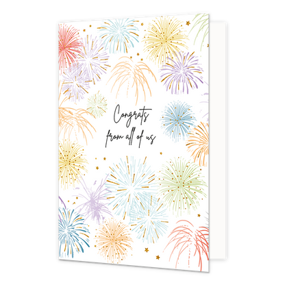 Congrats from all of us - Formaat: Normaal - Vorm: Staand - Felicitatiekaart - Op deze wenskaart staat vuurwerk in de kleuren rood, paars, geel, oranje, blauw en groen met in het midden de tekst: "Congrats from all of us". - Snelwenskaart