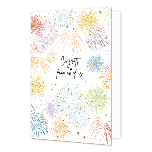 Congrats from all of us - Formaat: Normaal - Vorm: Staand - Felicitatiekaart - Op deze wenskaart staat vuurwerk in de kleuren rood, paars, geel, oranje, blauw en groen met in het midden de tekst: "Congrats from all of us". - Snelwenskaart