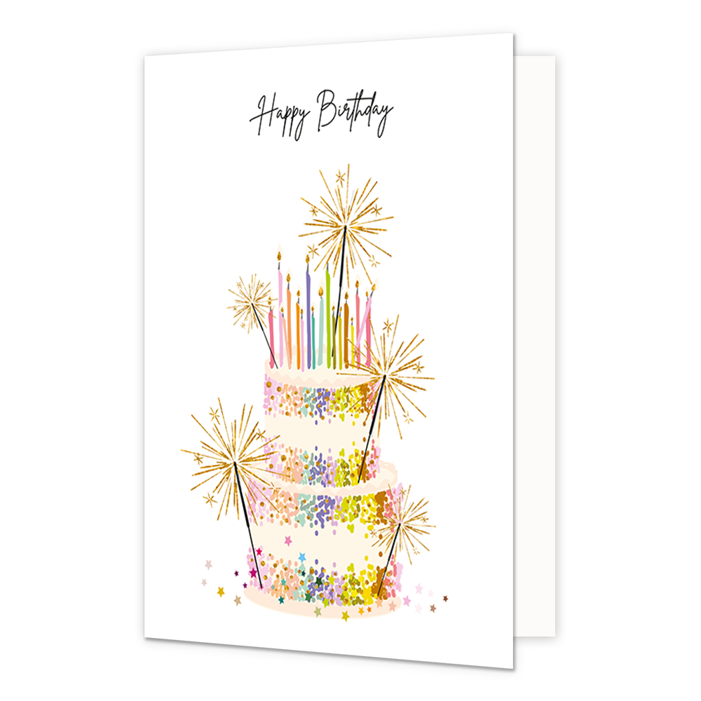 Happy birthday - Formaat: Normaal - Vorm: Staand - Verjaardagskaart - Op deze wenskaart staat een witte verjaardagstaart van drie lagen die rijkelijk is versierd met kleurrijke confetti en sterretjes. Bovenop de taart staan dunne, gekleurde kaarsjes en rondom zijn verschillende brandende sterretjes afgebeeld die gouden vonken verspreiden. Bovenaan de witte achtergrond staat de tekst "Happy Birthday" in een elegant, zwart handgeschreven lettertype. - Snelwenskaart