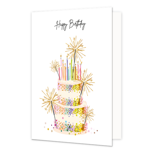 Happy birthday - Formaat: Normaal - Vorm: Staand - Verjaardagskaart - Op deze wenskaart staat een witte verjaardagstaart van drie lagen die rijkelijk is versierd met kleurrijke confetti en sterretjes. Bovenop de taart staan dunne, gekleurde kaarsjes en rondom zijn verschillende brandende sterretjes afgebeeld die gouden vonken verspreiden. Bovenaan de witte achtergrond staat de tekst "Happy Birthday" in een elegant, zwart handgeschreven lettertype. - Snelwenskaart