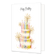 Happy birthday - Formaat: Standaard - Vorm: Staand - Verjaardagskaart - Op deze wenskaart staat een witte verjaardagstaart van drie lagen die rijkelijk is versierd met kleurrijke confetti en sterretjes. Bovenop de taart staan dunne, gekleurde kaarsjes en rondom zijn verschillende brandende sterretjes afgebeeld die gouden vonken verspreiden. Bovenaan de witte achtergrond staat de tekst "Happy Birthday" in een elegant, zwart handgeschreven lettertype. - Snelwenskaart