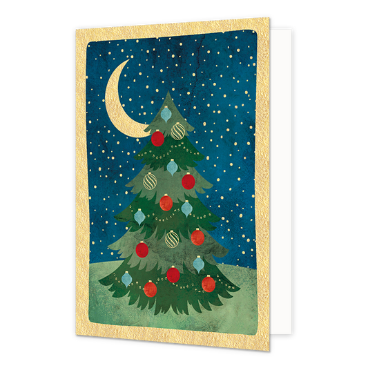 Kerstboom - Formaat: Normaal - Vorm: Staand - Kerstkaart - Op deze kerstkaart staat een kerstboom bij een nachtlandschap met een halve maan. - Snelwenskaart