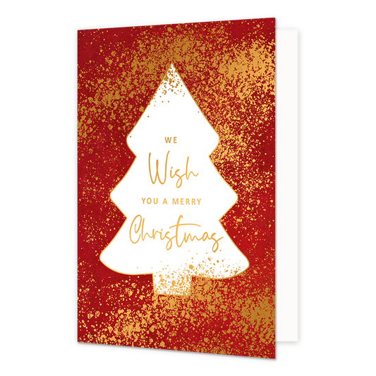 We wish you a merry christmas - Formaat: Normaal - Vorm: Staand - Kerstkaart - Op deze artistieke kerstkaart staat een ontwerp in de kleuren rood en goud, met in het midden een wit blok in de vorm van een kerstboom met de tekst: "We wish you a merry christmas". - Snelwenskaart
