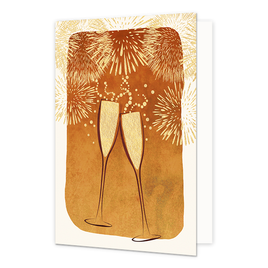 Champagne - Formaat: Normaal - Vorm: Staand - Kerstkaart - Op deze wenskaart staan twee champagneglaze met op de achtergrond gouden vuurwerk. - Snelwenskaart