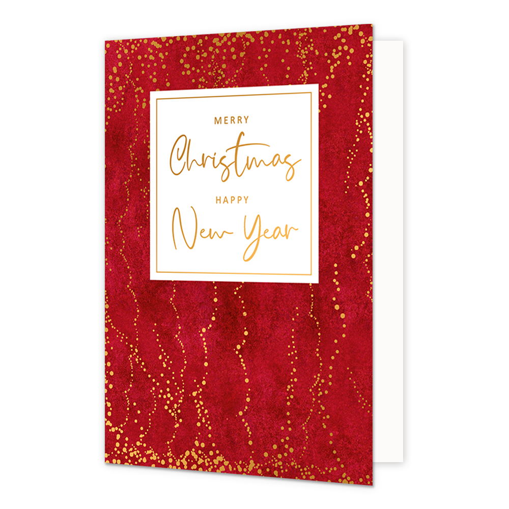 Merry christmas happy new year - Formaat: Normaal - Vorm: Staand - Kerstkaart - Op deze artistieke kerstkaart staat een ontwerp in de kleuren rood en goud, met in het midden een wit blok met de tekst: "Merry christmas happy new year". - Snelwenskaart
