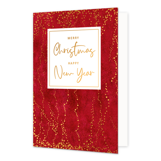 Merry christmas happy new year - Formaat: Normaal - Vorm: Staand - Kerstkaart - Op deze artistieke kerstkaart staat een ontwerp in de kleuren rood en goud, met in het midden een wit blok met de tekst: "Merry christmas happy new year". - Snelwenskaart