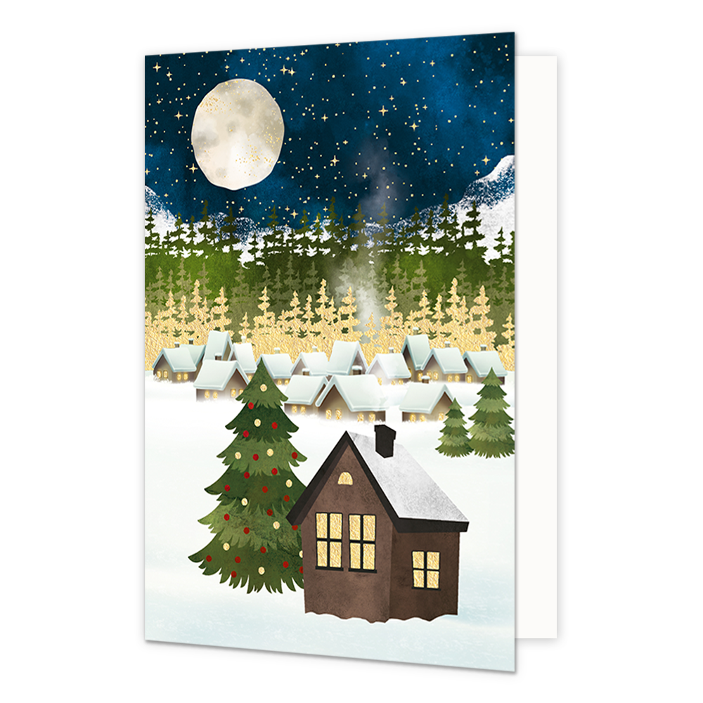 Huisjes in het bos - Formaat: Normaal - Vorm: Staand - Kerstkaart - Op deze kerstkaart staan huisjes die in het bos staan, omringt door sneeuw. - Snelwenskaart