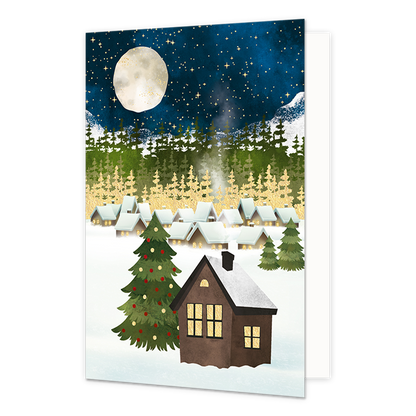 Huisjes in het bos - Formaat: Normaal - Vorm: Staand - Kerstkaart - Op deze kerstkaart staan huisjes die in het bos staan, omringt door sneeuw. - Snelwenskaart