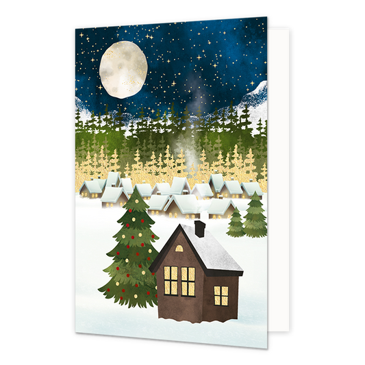 Huisjes in het bos - Formaat: Normaal - Vorm: Staand - Kerstkaart - Op deze kerstkaart staan huisjes die in het bos staan, omringt door sneeuw. - Snelwenskaart