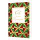 Fijne kerst gelukkig nieuwjaar - Formaat: Standaard - Vorm: Staand - Kerstkaart - Op deze wenskaart staat een grafische illustratie van een herhalend geometrisch patroon in de kleuren groen, rood en goud. In het midden van de kaart bevindt zich een wit rechthoekig kader met een gouden rand waarin de tekst "FIJNE Kerst GELUKKIG Nieuwjaar" staat geschreven. De woorden "Kerst" en "Nieuwjaar" zijn uitgevoerd in een goudkleurig sierlettertype, terwijl de rest van de tekst in strakke gouden blokletters is gedruk