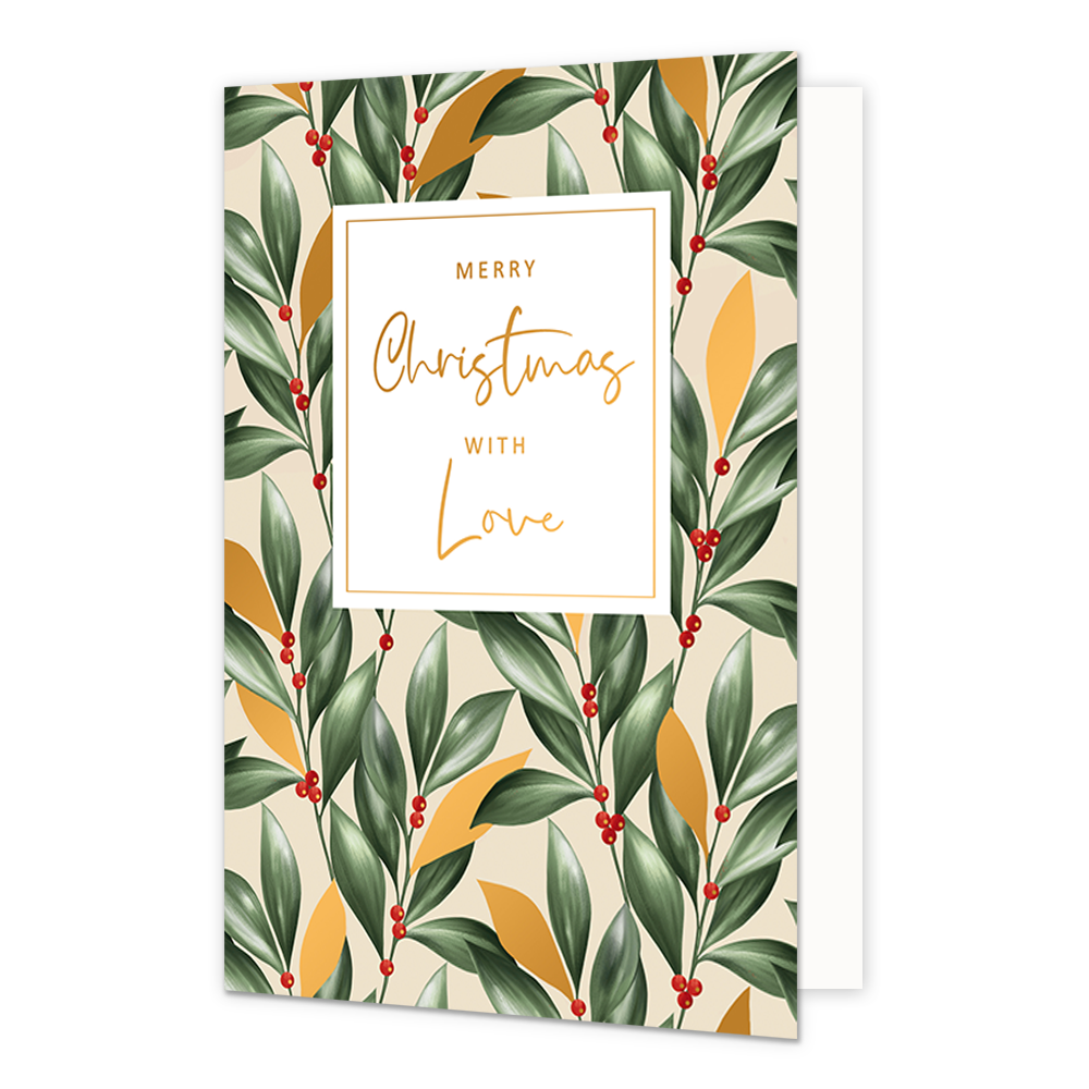 Merry christmas with love - Formaat: Normaal - Vorm: Staand - Kerstkaart - Op deze kerstkaart staan groene en gouden blaadjes met rode besjes en in het midden de tekst: "Merry christmas with love". - Snelwenskaart