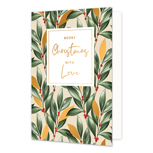 Merry christmas with love - Formaat: Normaal - Vorm: Staand - Kerstkaart - Op deze kerstkaart staan groene en gouden blaadjes met rode besjes en in het midden de tekst: "Merry christmas with love". - Snelwenskaart