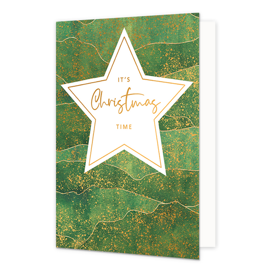 It's christmas time - Formaat: Normaal - Vorm: Staand - Kerstkaart - Op deze kerstkaart staat een witte ster op een groene achtergrond met in het midden de tekst: "It's christmas time". - Snelwenskaart
