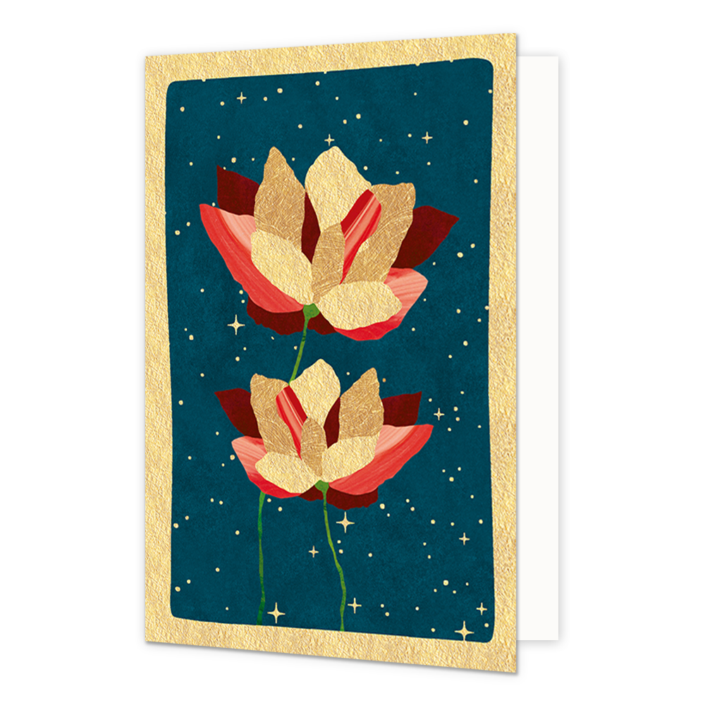 Rozen - Formaat: Normaal - Vorm: Staand - Kerstkaart - Op deze kerstkaart staan twee rozen in de kleuren rood, roze en goud. - Snelwenskaart