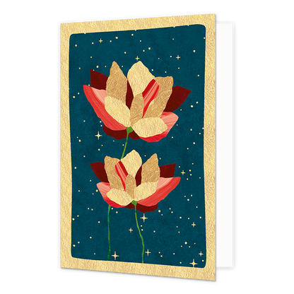 Rozen - Formaat: Normaal - Vorm: Staand - Kerstkaart - Op deze kerstkaart staan twee rozen in de kleuren rood, roze en goud. - Snelwenskaart