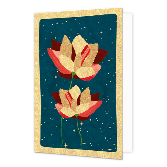 Rozen - Formaat: Normaal - Vorm: Staand - Kerstkaart - Op deze kerstkaart staan twee rozen in de kleuren rood, roze en goud. - Snelwenskaart