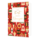 Fijne kerst gelukkig nieuwjaar - Formaat: Standaard - Vorm: Staand - Kerstkaart - Op deze wenskaart staat een illustratie van diverse kerstornamenten in vintage stijl, zoals kerstballen, klokken en druppelvormige hangers, tegen een rode achtergrond. De ornamenten zijn uitgevoerd in de kleuren goud, groen, wit en beige en worden omringd door kleine goudkleurige sterretjes. In het midden bevindt zich een wit rechthoekig kader met een gouden rand waarin de tekst "FIJNE Kerst GELUKKIG Nieuwjaar" staat geschrev