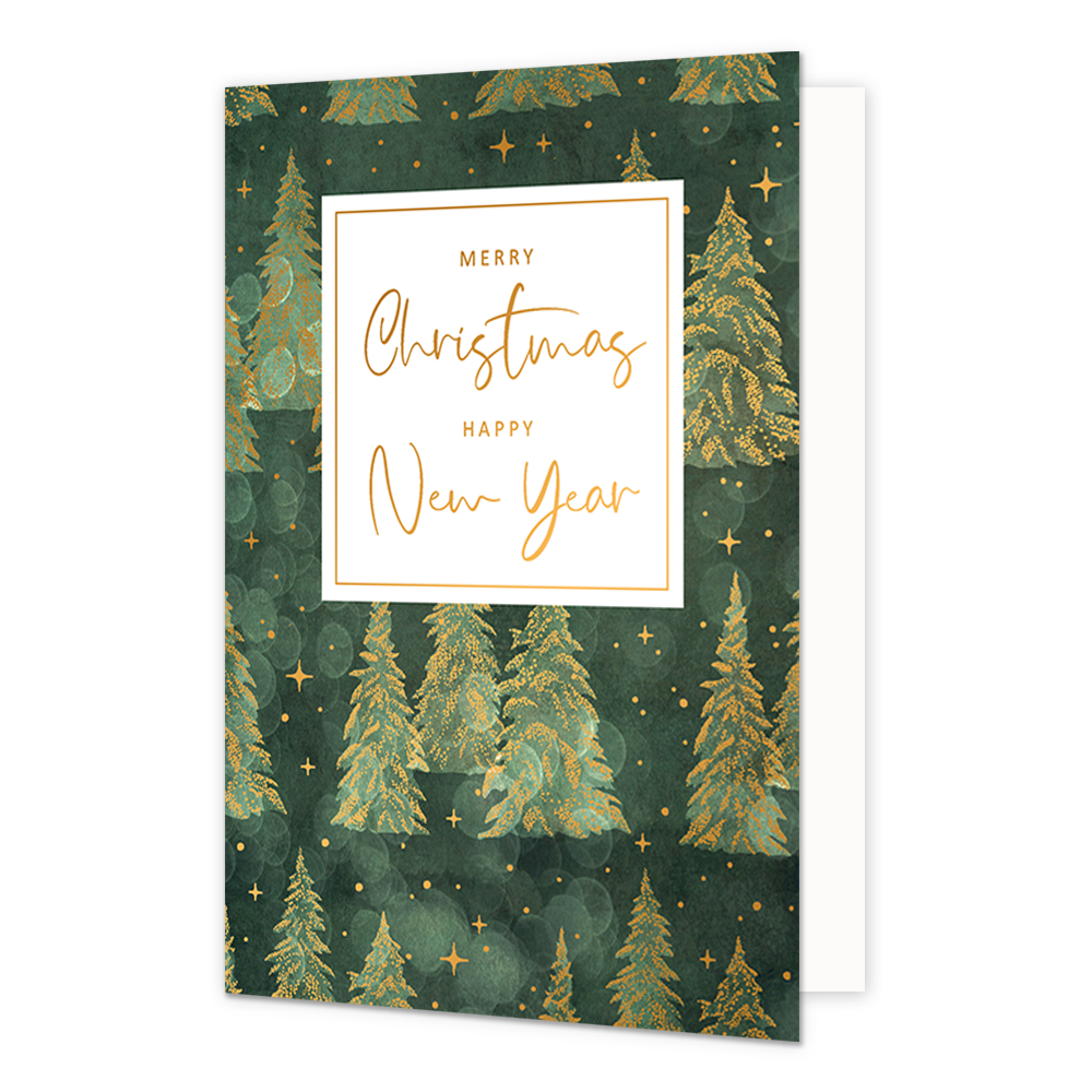 Merry christmas happy new year - Formaat: Normaal - Vorm: Staand - Kerstkaart - Op deze kerstkaart staan kerstbomen met in het midden de tekst: "Merry christmas happy new year". - Snelwenskaart