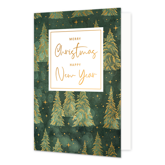 Merry christmas happy new year - Formaat: Normaal - Vorm: Staand - Kerstkaart - Op deze kerstkaart staan kerstbomen met in het midden de tekst: "Merry christmas happy new year". - Snelwenskaart