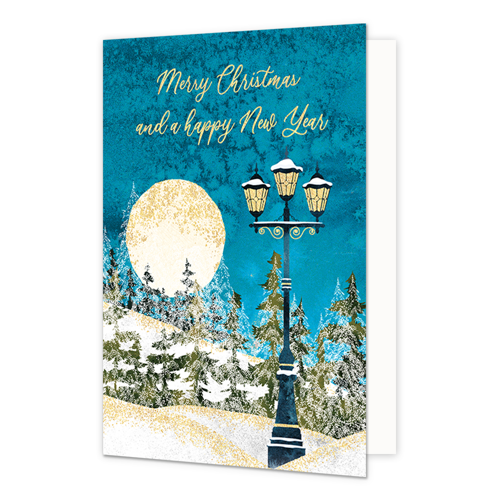 Merry christmas and a happy new year - Formaat: Normaal - Vorm: Staand - Kerstkaart - Op deze kerstkaart staat een straatlantaarn met bomen en een volle maan, met daarboven de tekst: "Merry christmas and a happy new year". - Snelwenskaart
