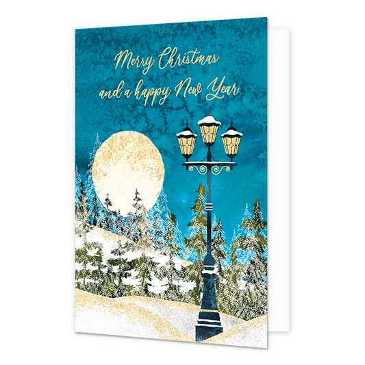 Merry christmas and a happy new year - Formaat: Normaal - Vorm: Staand - Kerstkaart - Op deze kerstkaart staat een straatlantaarn met bomen en een volle maan, met daarboven de tekst: "Merry christmas and a happy new year". - Snelwenskaart