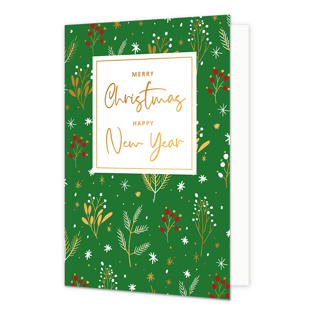 Merry christmas happy new year - Formaat: Normaal - Vorm: Staand - Kerstkaart - Op deze kerstkaart staan takjes in de kleuren wit, goud, oranje en rood met in het midden de tekst: "Merry christmas happy new year". - Snelwenskaart