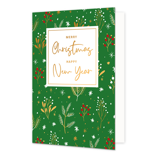 Merry christmas happy new year - Formaat: Normaal - Vorm: Staand - Kerstkaart - Op deze kerstkaart staan takjes in de kleuren wit, goud, oranje en rood met in het midden de tekst: "Merry christmas happy new year". - Snelwenskaart