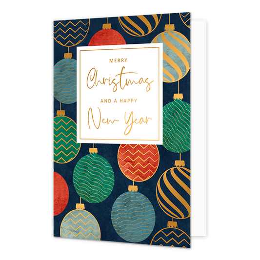 Merry christmas and a happy new year - Formaat: Normaal - Vorm: Staand - Kerstkaart - Op deze kerstkaart staan kerstballen in diverse kleuren met in het midden de tekst: "Merry christmas and a happy new year". - Snelwenskaart