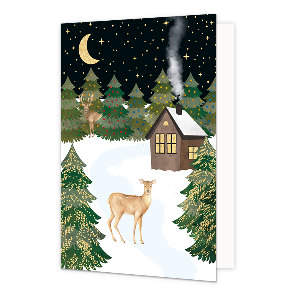 Bos in de sneeuw - Formaat: Normaal - Vorm: Staand - Kerstkaart - Op deze kerstkaart staat een bos in de sneeuw met een huisje en twee rendieren. - Snelwenskaart