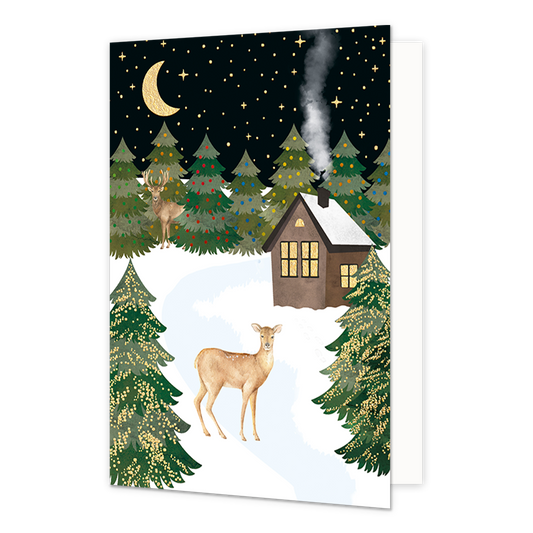 Bos in de sneeuw - Formaat: Normaal - Vorm: Staand - Kerstkaart - Op deze kerstkaart staat een bos in de sneeuw met een huisje en twee rendieren. - Snelwenskaart