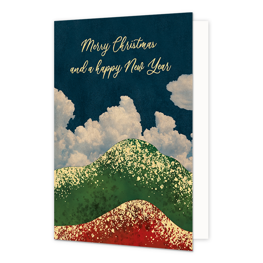 Merry christmas and a happy new year - Formaat: Normaal - Vorm: Staand - Kerstkaart - Op deze kerstkaart staan groene en rode heuvels met een blauwe lucht met wolken, met daarin de tekst: "Merry christmas and a happy new year". - Snelwenskaart