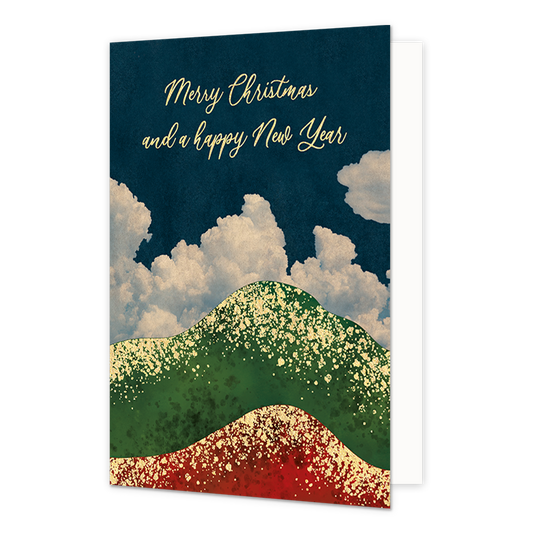 Merry christmas and a happy new year - Formaat: Normaal - Vorm: Staand - Kerstkaart - Op deze kerstkaart staan groene en rode heuvels met een blauwe lucht met wolken, met daarin de tekst: "Merry christmas and a happy new year". - Snelwenskaart