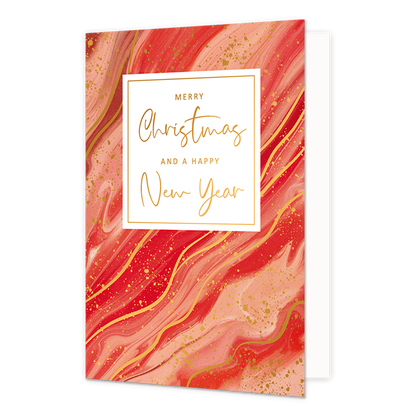 Merry christmas and a happy new year - Formaat: Normaal - Vorm: Staand - Kerstkaart - Op deze artistieke kerstkaart staat een ontwerp in de kleuren roze, rood en goud, met in het midden de tekst: "Merry christmas and a happy new year". - Snelwenskaart