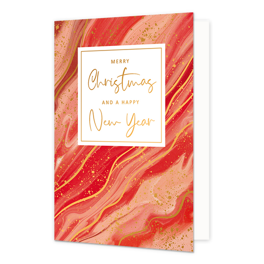 Merry christmas and a happy new year - Formaat: Normaal - Vorm: Staand - Kerstkaart - Op deze artistieke kerstkaart staat een ontwerp in de kleuren roze, rood en goud, met in het midden de tekst: "Merry christmas and a happy new year". - Snelwenskaart