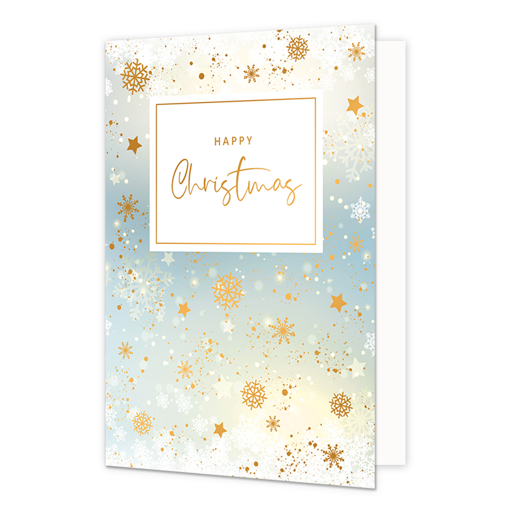 Happy christmas - Formaat: Normaal - Vorm: Staand - Kerstkaart - Op deze artistieke kerstkaart staan sneeuwvlokjes op een ontwerp in de kleuren blauw, geel, goud en wit. In het midden staat de tekst: "Happy christmas". - Snelwenskaart