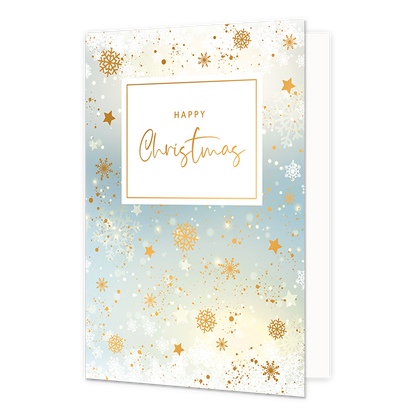 Happy christmas - Formaat: Normaal - Vorm: Staand - Kerstkaart - Op deze artistieke kerstkaart staan sneeuwvlokjes op een ontwerp in de kleuren blauw, geel, goud en wit. In het midden staat de tekst: "Happy christmas". - Snelwenskaart
