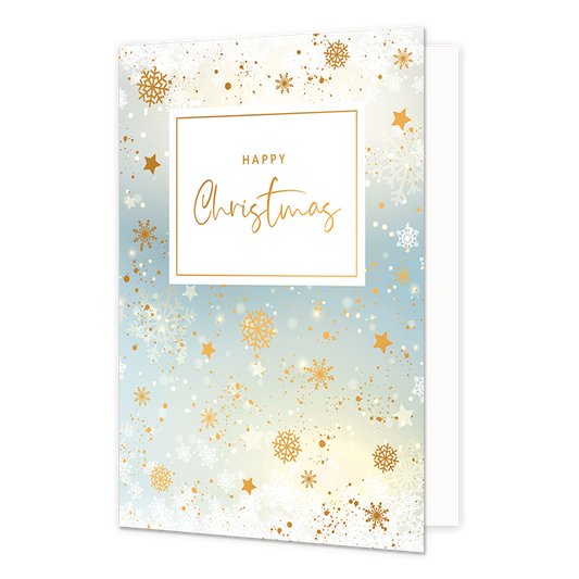 Happy christmas - Formaat: Normaal - Vorm: Staand - Kerstkaart - Op deze artistieke kerstkaart staan sneeuwvlokjes op een ontwerp in de kleuren blauw, geel, goud en wit. In het midden staat de tekst: "Happy christmas". - Snelwenskaart