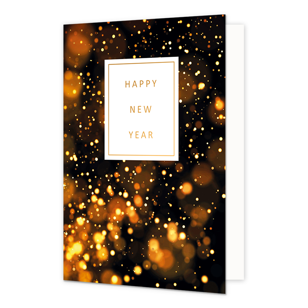 Happy new year - Formaat: Normaal - Vorm: Staand - Kerstkaart - Op deze kerstkaart staat een ontwerp in de kleuren oranje en zwart met in het midden de tekst: "Happy new year". - Snelwenskaart