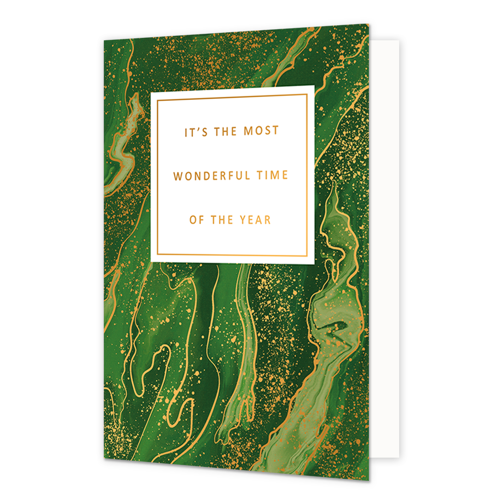 It's the most wonderful time of the year - Formaat: Normaal - Vorm: Staand - Kerstkaart - Op deze artistieke kerstkaart staat een ontwerp in de kleuren groen en goud, met in het midden de tekst: "It's the most wonderful time of the year". - Snelwenskaart
